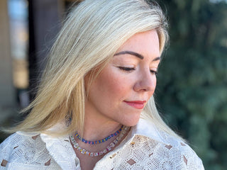 Beaded Necklace - Blue + Multi-Colored - Camille