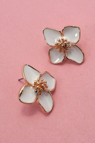 Epoxy White on Gold Flower Stud Earrings – Hypoallergenic Titanium Post – 1" Floral Studs
