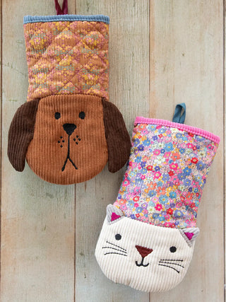 Midi Oven Mitt – Cat or Dog Style | Quilted Corduroy with Embroidered Face