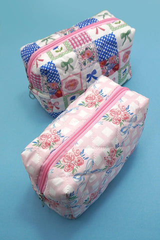 Bow & Checker Quilted Cotton Floral Cosmetic Pouch Bag – Travel Makeup & Toiletry Organizer