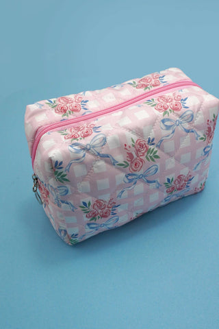 Bow & Checker Quilted Cotton Floral Cosmetic Pouch Bag – Travel Makeup & Toiletry Organizer