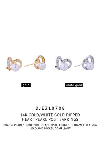 14K Heart Pearl Post Earrings: Gold