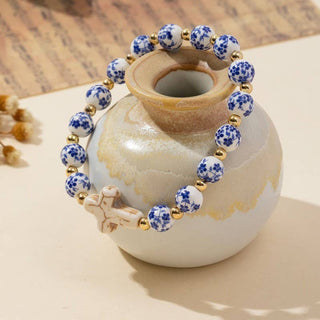 Blue Ceramic Porcelain Cross Charm Bracelet – Stretchable Beaded Bracelet with Pearls & Gold Plating