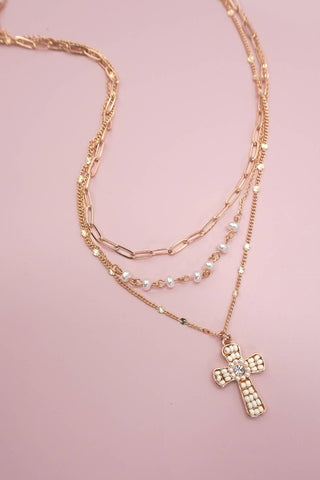 Seed Bead Cross Multi-Layer Necklace – Gold Plated Faith Jewelry