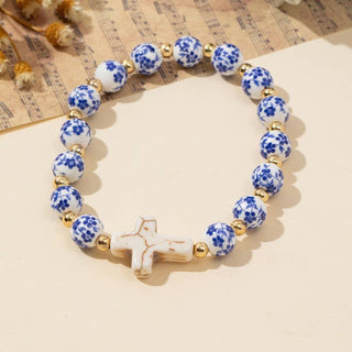 Blue Ceramic Porcelain Cross Charm Bracelet – Stretchable Beaded Bracelet with Pearls & Gold Plating