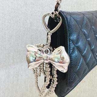 Silver Cascade Bow Charm Bag Charm – Metallic Bow with Beaded Tassels & Bow Loop