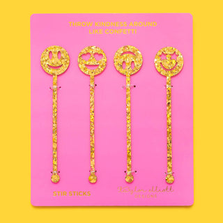 Stir Sticks - Smiley Asst - Gold Confetti - 4 Piece Set