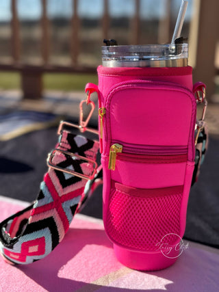 Neoprene Tumbler Sleeve Hot Pink- RTS: Hot Pink Black Aqua Geo