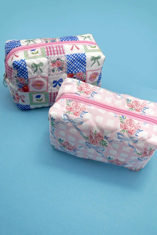 Bow & Checker Quilted Cotton Floral Cosmetic Pouch Bag – Travel Makeup & Toiletry Organizer