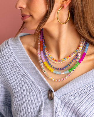 Beaded Necklace - Blue + Multi-Colored - Camille
