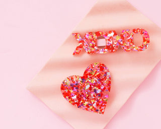 Hair Clip Set - Heart + XOXO - Red + Pink Confetti