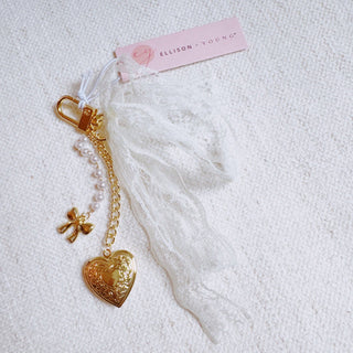 Lace & Love Heart Bag Charm – White Bow with Gold Heart