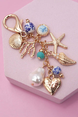 Porcelain Sea Life Bag Charm – Pearl, Heart & Turquoise Bead Accent