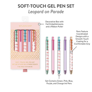 Leopard on Parade Soft-Touch Gel Pen Set – 5 Color Ink Pens – 0.7 mm Medium Point