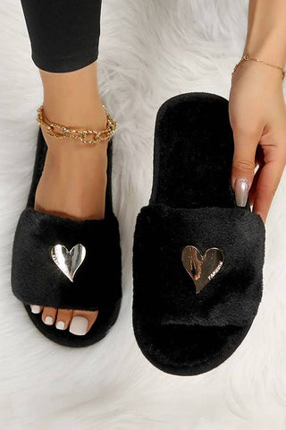 Heart Shape Buckle Decor Open Toe Plush Slippers