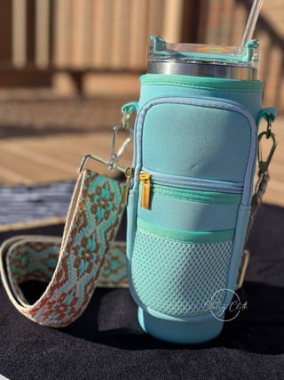 Neoprene Tumbler Sleeve Aqua- RTS: Aqua Brown Boho