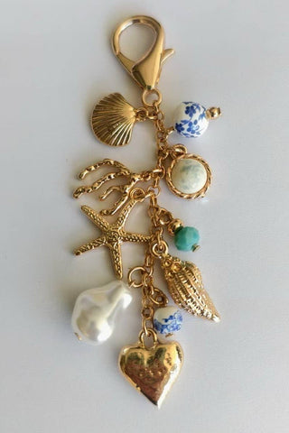 Porcelain Sea Life Bag Charm – Pearl, Heart & Turquoise Bead Accent