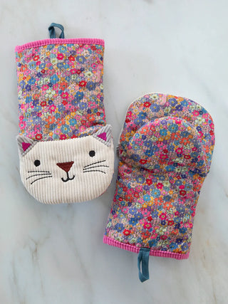 Midi Oven Mitt – Cat or Dog Style | Quilted Corduroy with Embroidered Face