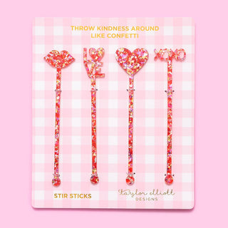 Stir Sticks - Love Asst - Red + Pink Confetti - 4 Piece Set