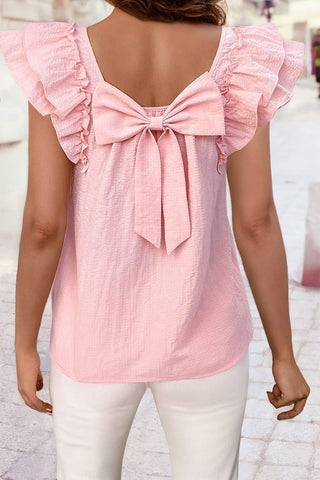 Textured Bow Knot Frilled Butterfly Sleeve Blouse