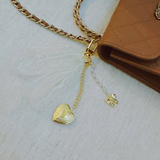 Lace & Love Heart Bag Charm – White Bow with Gold Heart