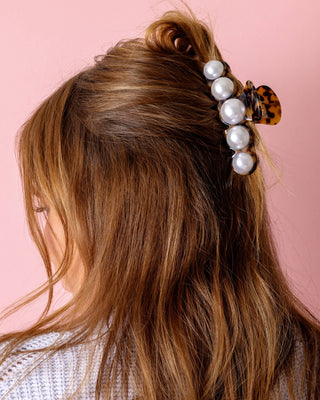 Claw Hair Clip - Brown + Black Tortoise w/ Pearl Beads