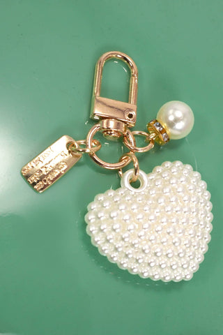 Puffy Pearl Heart Keychain Bag Charm – Gold Plated Clip Accessory
