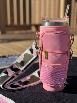 Neoprene Tumbler Sleeve Blush Pink- RTS: Grey Pink Camo w/ Silver Stripe