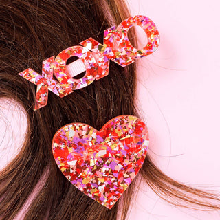 Hair Clip Set - Heart + XOXO - Red + Pink Confetti