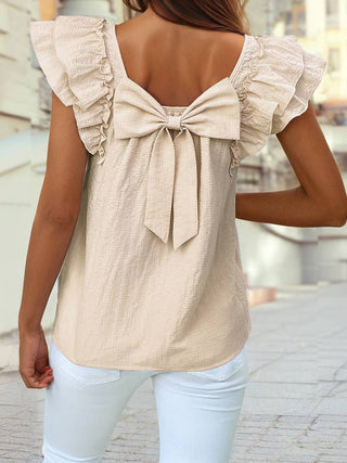 Textured Bow Knot Frilled Butterfly Sleeve Blouse