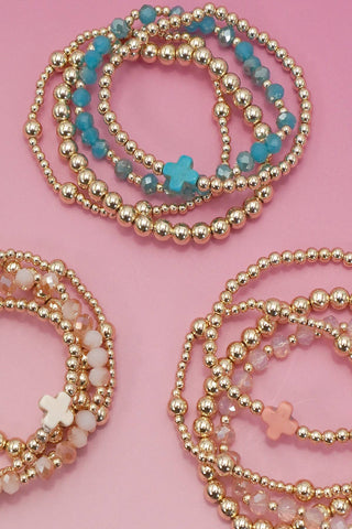 Boho Cross Multi-Colorful Beaded Stretch Bracelet – Elastic Fit, Gold Plated, Lead & Nickel Free